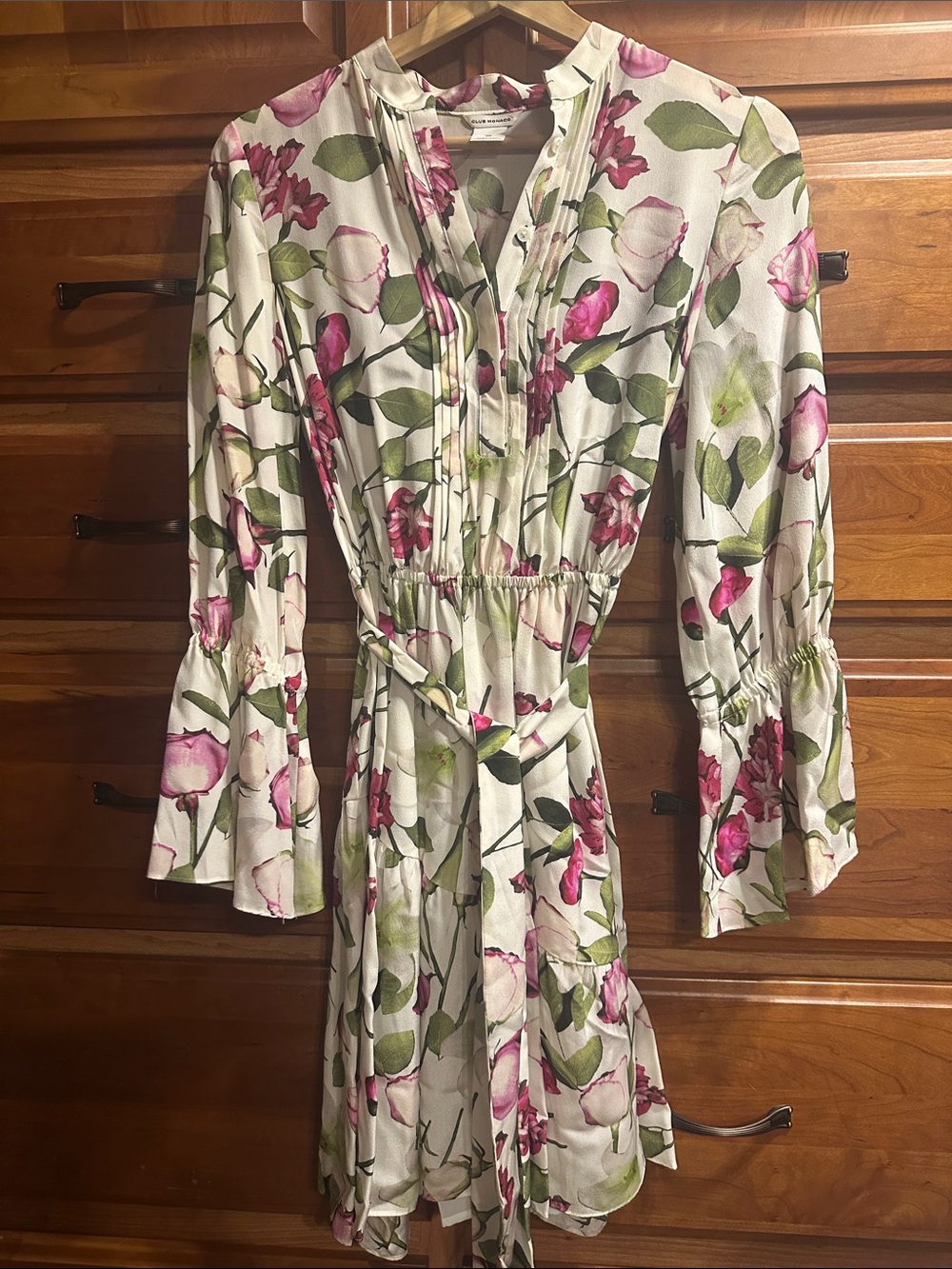 Club Monaco Cream Floral Tie-Waist Mini Dress with Pink and Green Accents